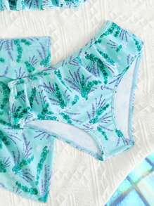 女孩油画薰衣草花卉印花双层荷叶边三件式比基尼泳衣，母女装（两件单独出售） - 彩色 - 查看 4