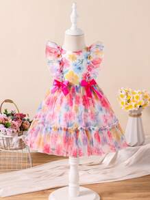 SHEIN Vestito di tulle da principessa con grandi occhi cartoni animati, di colore verde fluo, per bambine da 0 a 3 anni, casual e divertente per uso quotidiano