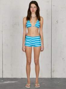 COUREZ Set bikini cu dungi albastre, decolteu halter, cu pantaloni scurți tip bot, ținute de vacanță, ținute de plajă, set din 2 piese, pentru vara Y2K, vintage