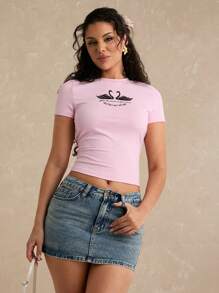 Enchnt Camiseta ajustada de mujer con cuello redondo y manga corta con estampado de letras