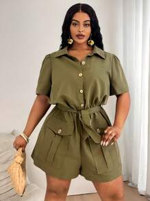 Slaydiva 2025 New Women Rave/Easter Outfit, Old Money Style, Country Concert Outfit, Going Out Outfit, Fairycore, Festival Outfit, Tropical Vacation Outfit, Summer Outfit, Rave, European Summer, Spring Outfit, Western Wear Plus, Concert, Graduation Outfit, Versatile All-Match Casual Utility Pocket Decorated Romper, Sleeveless Top, Shorts For Women, High Waisted Shorts - Army Green - View 8