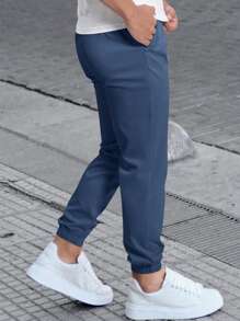 Manfinity Homme Men's Casual Solid Color Drawstring Waist Jogger Casual Pants, Fall - Navy Blue - View 2