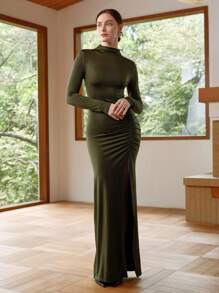 SHEIN LUNE Gaun Rajut Lengan Panjang Bodycon Berlipit Leher Tinggi Elegan untuk Wanita - Hijau - View 5
