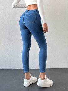 RueChic 97% Cotton Button Fly Cropped Skinny Jeans - Light Wash - View 2