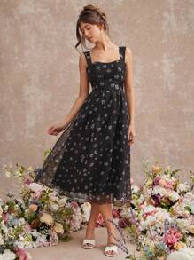 L'Amorae Robe midi élégante fleurie en organza à fines bretelles fluide, tenues d'été pour femmes, robe pour invités de mariage - Multicolore - Voir 3