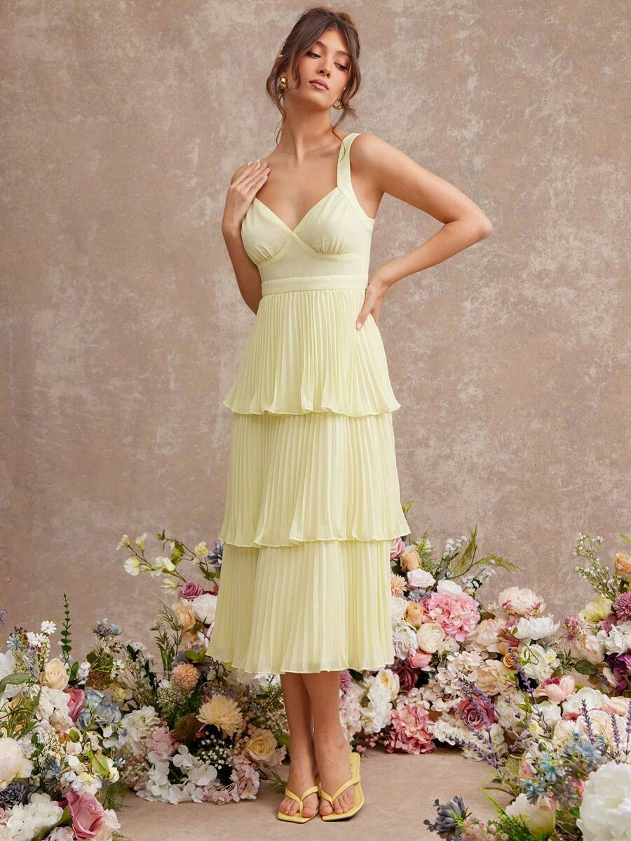 L'Amorae 优雅淡黄色雪纺层叠中长连衣裙，后背系带设计，婚礼宾客礼服，女士夏季服装 - 黃色 - 查看 1