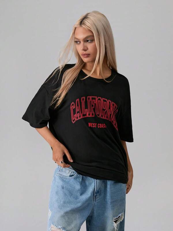 TRNVIE Tricou cu umăr picurat cu litere Tricouri grafice pentru femei Topuri
