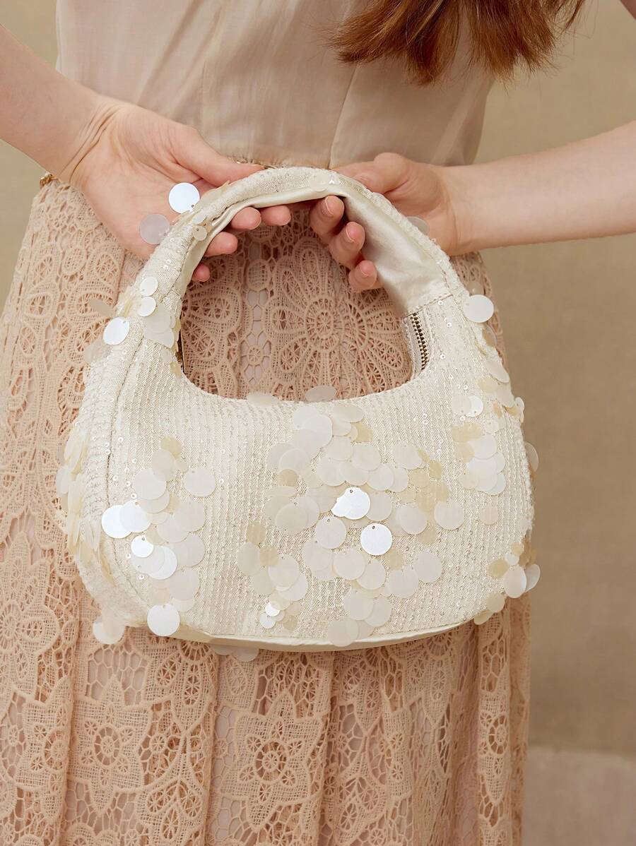 MOTF PREMIUM WOMEN'S FASHION SEQUIN ZIPPER TOP HANDLE BAG, SUITABLE FOR PARTIES - White - View 2