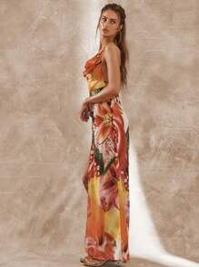 Musera Resort Chiffon Neckholder Kleid mit tiefem Rückenausschnitt, Frucht- und Blumenprint, O-Ring Detail, Maxikleid, Boho Ibiza Stil, süß und sexy, Urlaubskleid, Hochzeitsgast Strand Bademantel