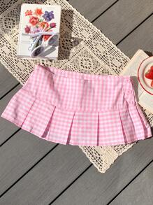 SHEIN Comfortcana Spring Break Plaid Print Mini Pleated Skirt - Pink - View 1