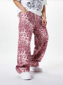 Manfinity EMRG Plus Size Men's Leopard Print Loose Wide-Leg Casual Jeans
