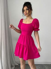 SHEIN Holidaya Swiss Dot Tie Backless Ruffle Hem Dress - Hot Pink - View 5
