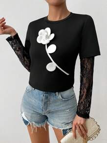 Chiquease Lace Patchwork Oversized Floral Print T-Shirt, Slim Flattering Design, Casual Chic, Suitable For Summer Fall Cloth For Women - Black - View 5