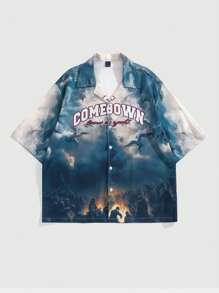 ROMWE MEN Street Life 男士字母印花短袖单排扣休闲衬衫 - 彩色 - 查看 1