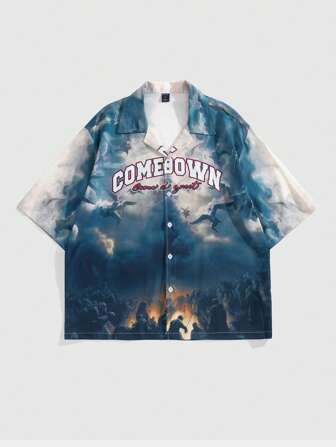 Street Life Camicia casual da uomo a maniche corte, monopetto, con stampa a lettera