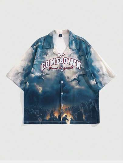 Street Life قميص رجالي كاجوال أحادي الصدر بأكمام قصيرة بطباعة حرفية