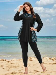 SHEIN Swim Curve 2pcs/Set Plus Size Women Modest Vacation Retro Printed Splicing Long Sleeve Pullover And High Waist Pants Burkini Swimwear