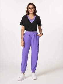 Scrubzie Ten Pockets Scrub Set Solid Color Patchwork Short Sleeve Pocket Casual Top And Long Pants Scrub Uniform Set Women Scrubs For Women Women Scrub Sets Nurse Scrub Sets Women Scrub Sets For Women Essential Jogger Scrub Set Nursing Scrub Uniform Stretch V-Neck Top & Drawstring Pants Notch V-Neck Tuck In Top & Drawstring Straight Leg Pants - Black - View 5