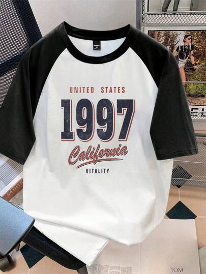 Manfinity Joysei 标准尺寸男士插肩袖 T 恤，休闲简约复古 1997 图案设计，适合春夏季运动装