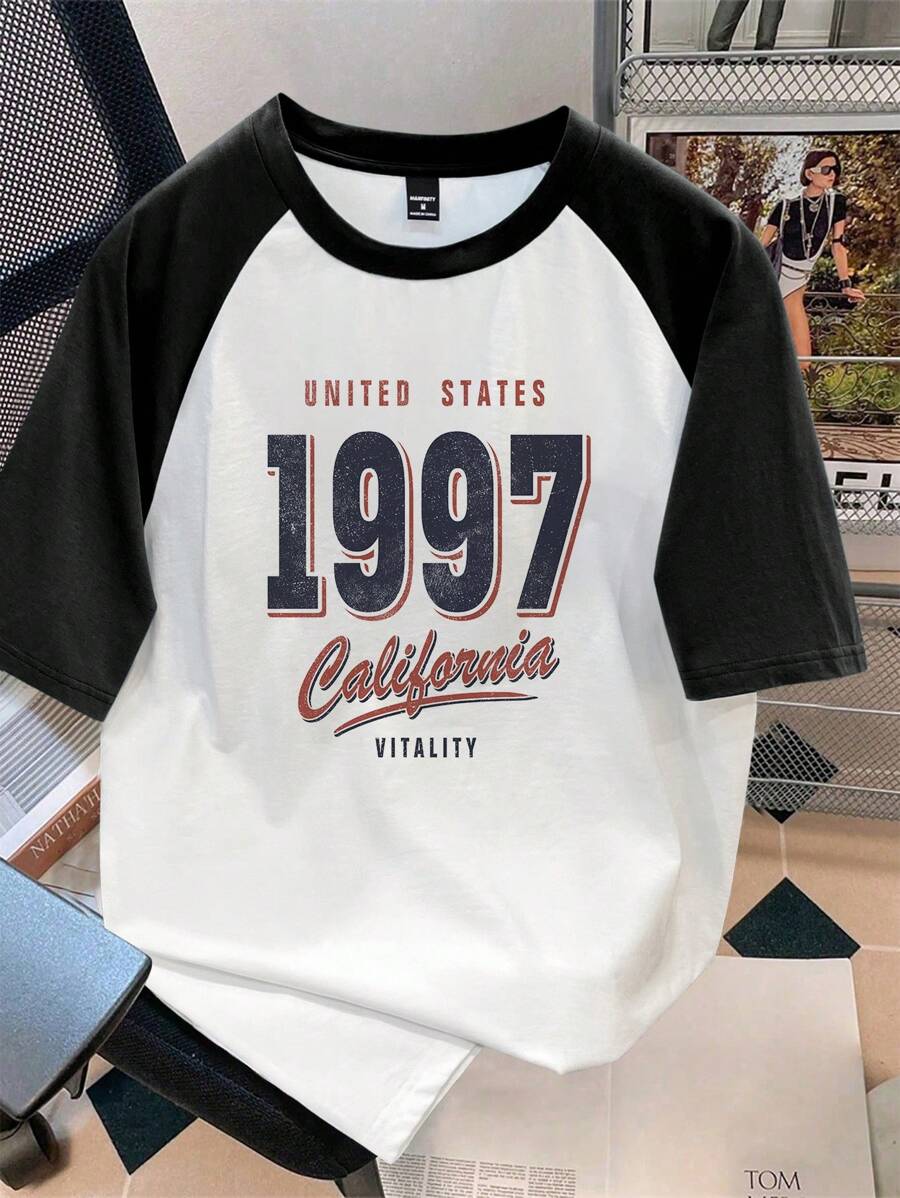 Manfinity Joysei 标准尺寸男士插肩袖 T 恤，休闲简约复古 1997 图案设计，适合春夏季运动装