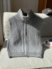 Comfortcana Women's Striped Front Zipper Collar Cropped Knit Vest