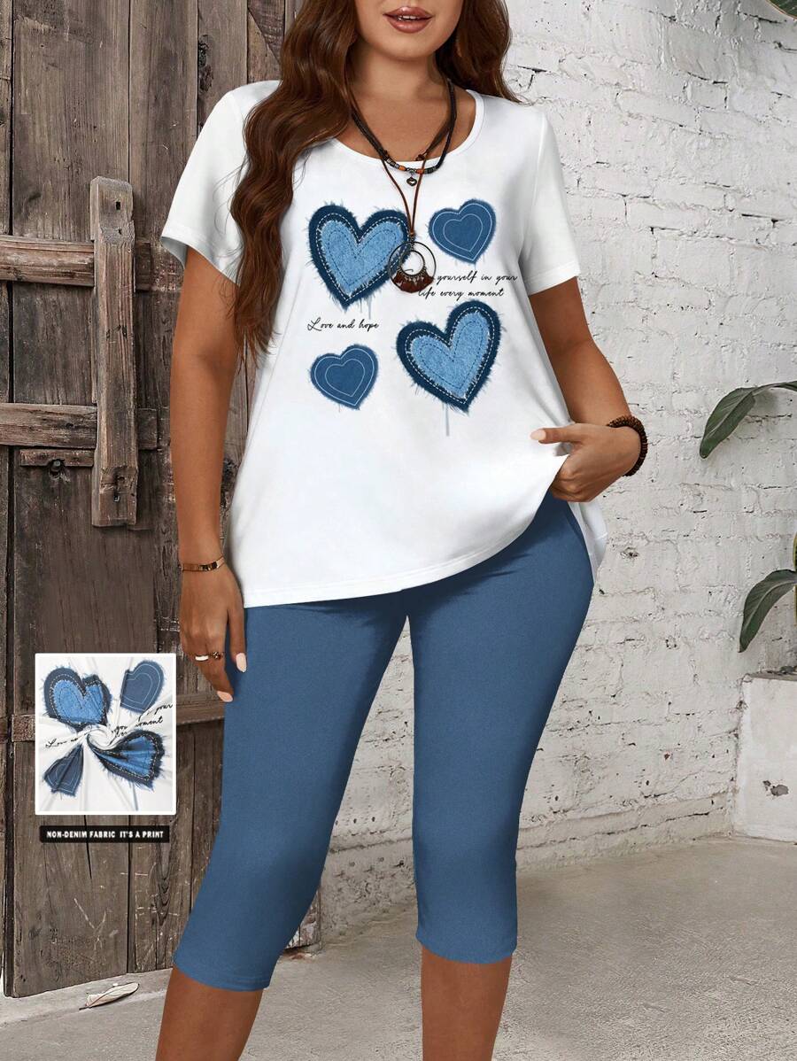 EMERY ROSE 2pcs/Set Casual Minimalist Heart Pattern Plus Size Outfit Suitable Summer Outfits For Women Beach Casual Sets For Women Suitable For Going Out