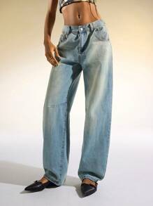 Easelle Jeans rectos de tiro bajo, holgados y de uso versátil para mujer