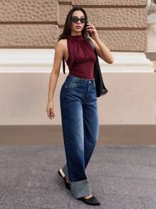 EURMUSE 100% 纯棉宽松牛仔裤，休闲时尚，适合夏季 - 中等水洗藍 - 查看 4