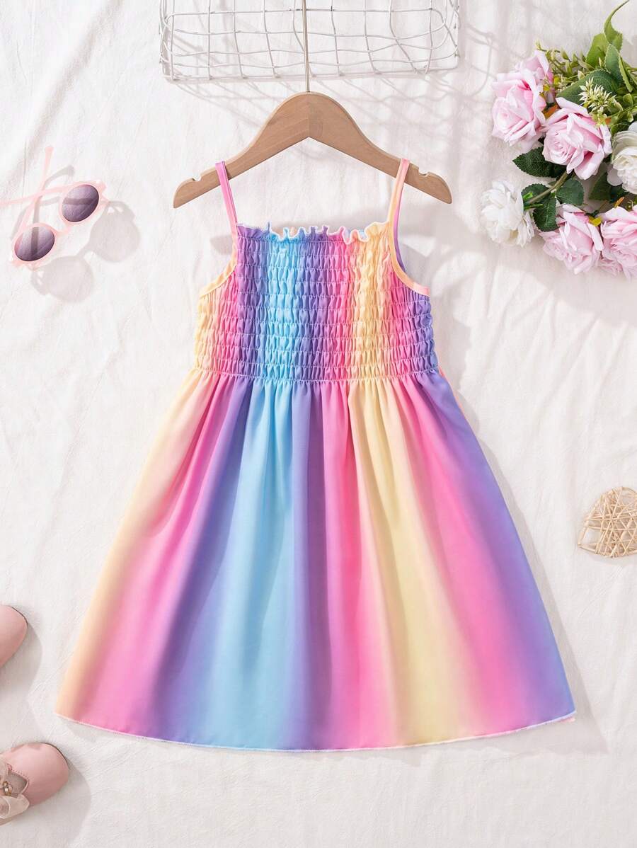 Young Girl' Rainbow Gradient Backless Strap Summer Beach Dress For Holiday' - Multicolor - View 1