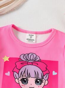 4 Stücke/Set Mädchen Cartoon Mädchen Muster T-Shirt & Shorts Schlafanzug Set, süß und niedlich für Kleinkind/Kind, elastisch und bequem, Sommer