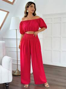 Flirla Shirred Cropped Top & Wide Leg Pants 2pcs/Set, Relaxed Fit - Hot Pink - View 3
