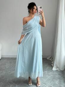 Rafferiza Women's Asymmetric Neckline & Shoulder Sheer Textured Chiffon Flared Hem Maxi Dress, Blue, Spring/Summer - Baby Blue - View 4