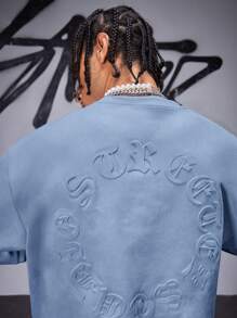 AXEPEAK Men's Street Style Gothic Letter Air Layer Suede Embossed Loose Dropped Shoulder Crew Neck Short Sleeve T-Shirt, Summer, Streetwear Essentials