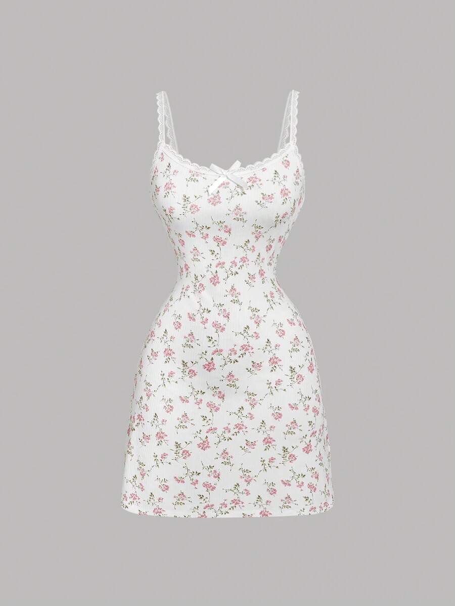 SHEIN MOD Women's Ditsy Floral Lace Trim Mini Knitted Dress, Summer Mini Dress - Pink - View 1