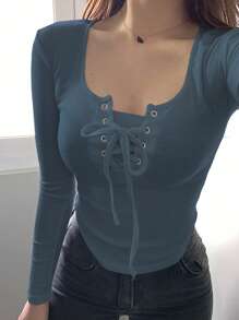 DAZY Women's Lace-Up Solid Color T-Shirt, Simple & Fashionable For Summer