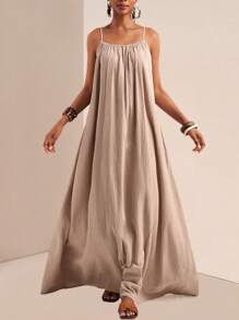 Slaydiva Plus Size Women Solid Color Pleated Slip Maxi Casual Dress,Flowy Dress