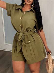 Slaydiva 2025 New Women Rave/Easter Outfit, Old Money Style, Country Concert Outfit, Going Out Outfit, Fairycore, Festival Outfit, Tropical Vacation Outfit, Summer Outfit, Rave, European Summer, Spring Outfit, Western Wear Plus, Concert, Graduation Outfit, Versatile All-Match Casual Utility Pocket Decorated Romper, Sleeveless Top, Shorts For Women, High Waisted Shorts - Army Green - View 4