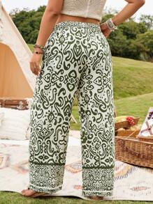 Breezaya Plus Size Women Elegant Commute& Vacation Versatile Totem Pattern Tie Waist Long Pants