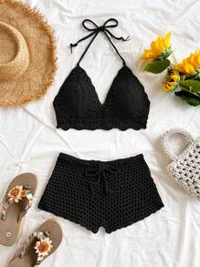 Soleia 2pcs/Set Women Holiday Solid Color Openwork Halter Knitted Tops And Knitted Shorts Beach Vacation Outfits Spring Summer Outfits For Women West Music Festival Boho