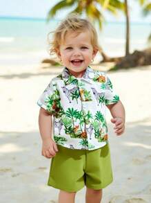 SHEIN 2pcs Set Baby Boy/Girl Casual Daily Cute Allover Print Coconut Tree & Animal Pattern Drop Shoulder Loose Fit Round Neck Top Shirt And Elastic Waist Shorts Set, Suitable For Spring/Summer, Home, Outing, Vacation, Beach