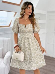 Flirla Plus Size Women French Style Jacquard Square Neck Puff Sleeve A-Line Dress