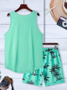 Manfinity RSRT Men's Coconut Tree Printed Sleeveless Tank Top And Shorts Set, Hawaiian Suit Men Summer Sets Men Short Sets Men Two Pieces Set Men Vacation Clothes Beach Vacation Outfits Men Men Beach Outfits, Cozy Outfits - Multicolor - View 2