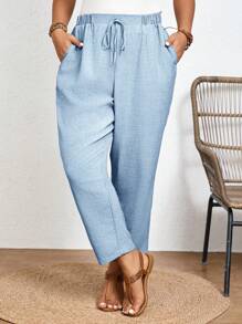 SHEIN Frenchy Plus Size Solid Color Casual Trousers With Elastic Waist And Diagonal Pockets