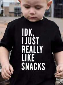 SHEIN 1pc Young Boy Fashion Casual Slogan Print Round Neck Basic Short Sleeve T-Shirt - Black - View 1