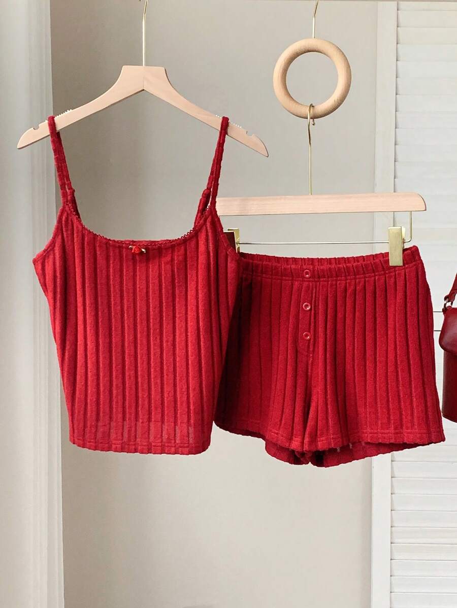 Comfortcana 2pcs/Set Women Ribbed Camisole Top And Shorts Two-Piece Set, Red - Burgundy - View 1