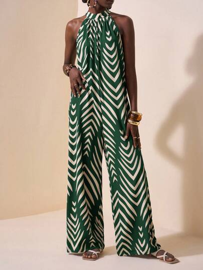 Slaydiva Ny vår och sommar Casual Semester Daglig pendling Halterneck Rundhalsad Ärmlös Ultralös extra långa byxor vid ben Marinblå Vit Randig Jumpsuit för kvinnor