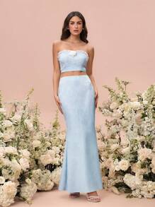 Glamine Blue Woven Textured Fabric Mid-Waist Fish Tail Hem Skirt, Spring/Summer For Women