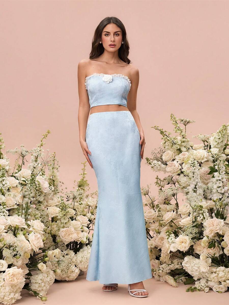 Glamine Blue Woven Textured Fabric Mid-Waist Fish Tail Hem Skirt, Spring/Summer For Women