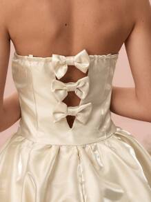 Glamine Champagne Color Mini Dress With Bowknot Detail, Corset Design, Puff - Champagne - View 2