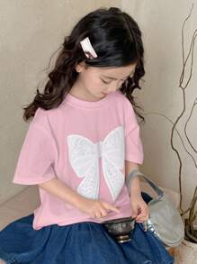DAZY 女童蝴蝶结印花圆领针织短袖T恤，夏季 - 粉色 - 查看 3
